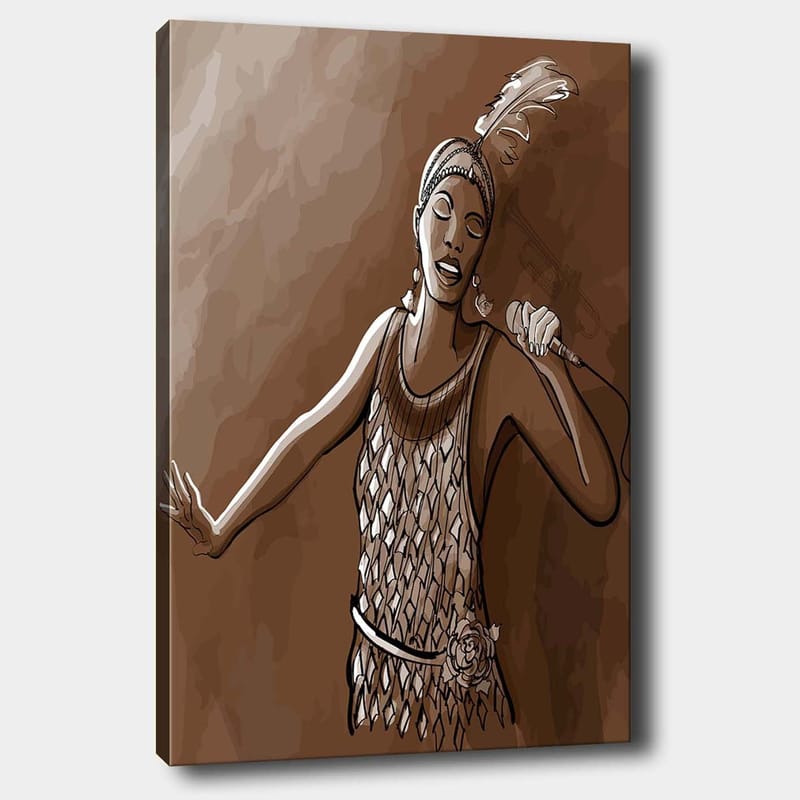 Lærred 70x100 cm - Sanger i glitrende kjole fremfører en kraftfuld sang, Brun / Beige / Hvid