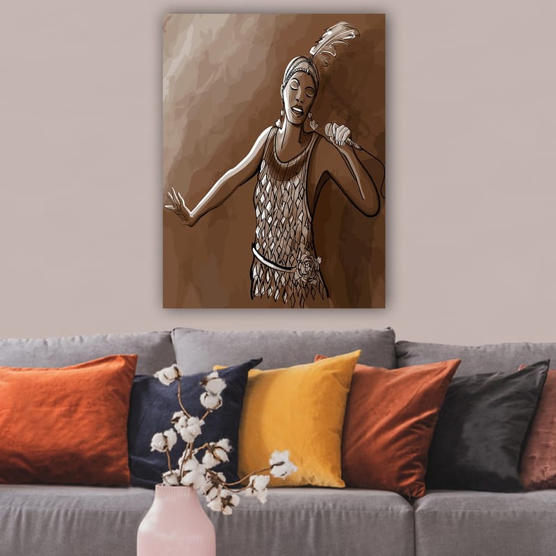Lærred 70x100 cm - Sanger i glitrende kjole fremfører en kraftfuld sang - Brun / Beige / Hvid - Boligtilbehør - Billeder & kunst - Billeder på lærred