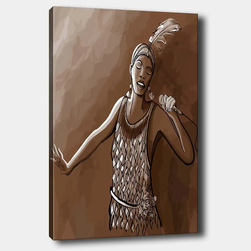 Lærred 70x100 cm - Sanger i glitrende kjole fremfører en kraftfuld sang, Brun / Beige / Hvid
