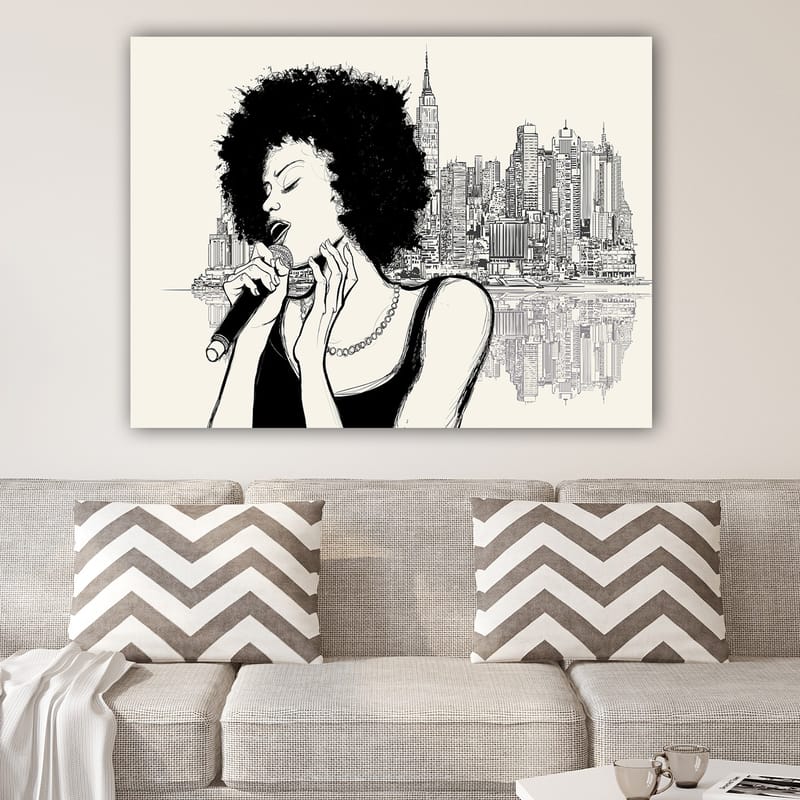 Lærred 70x100 cm - Sanger med afrohår foran en bysilhuet - Sort / Beige - Boligtilbehør - Billeder & kunst - Billeder på lærred