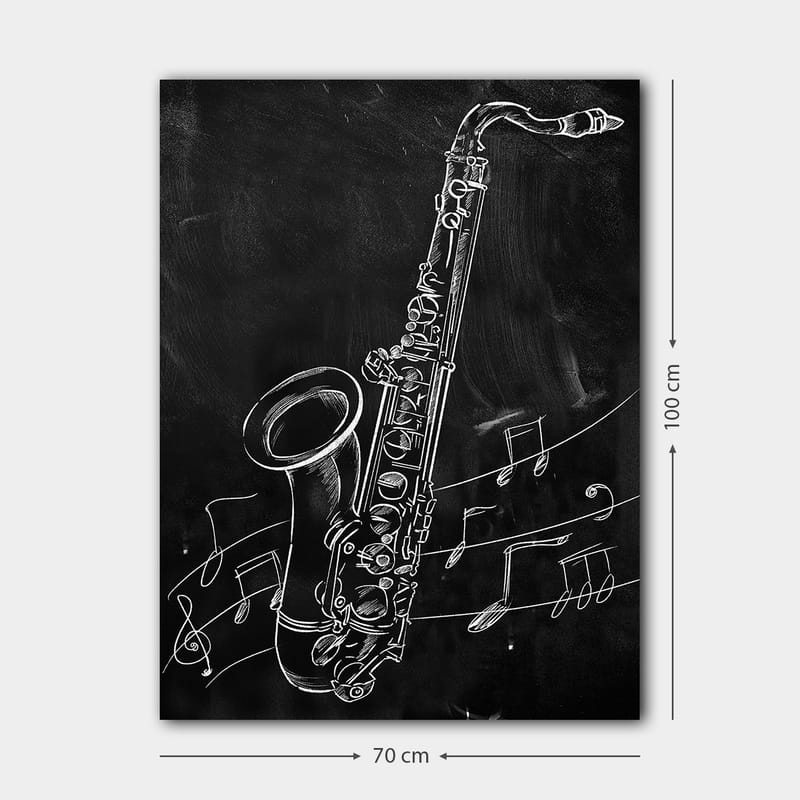 Lærred 70x100 cm - Saxofon omgivet af noder på sort baggrund - Hvid / Sort - Boligtilbehør - Billeder & kunst - Billeder på lærred