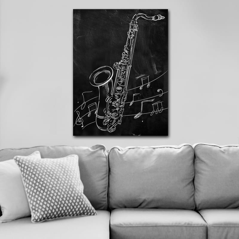 Lærred 70x100 cm - Saxofon omgivet af noder på sort baggrund - Hvid / Sort - Boligtilbehør - Billeder & kunst - Billeder på lærred