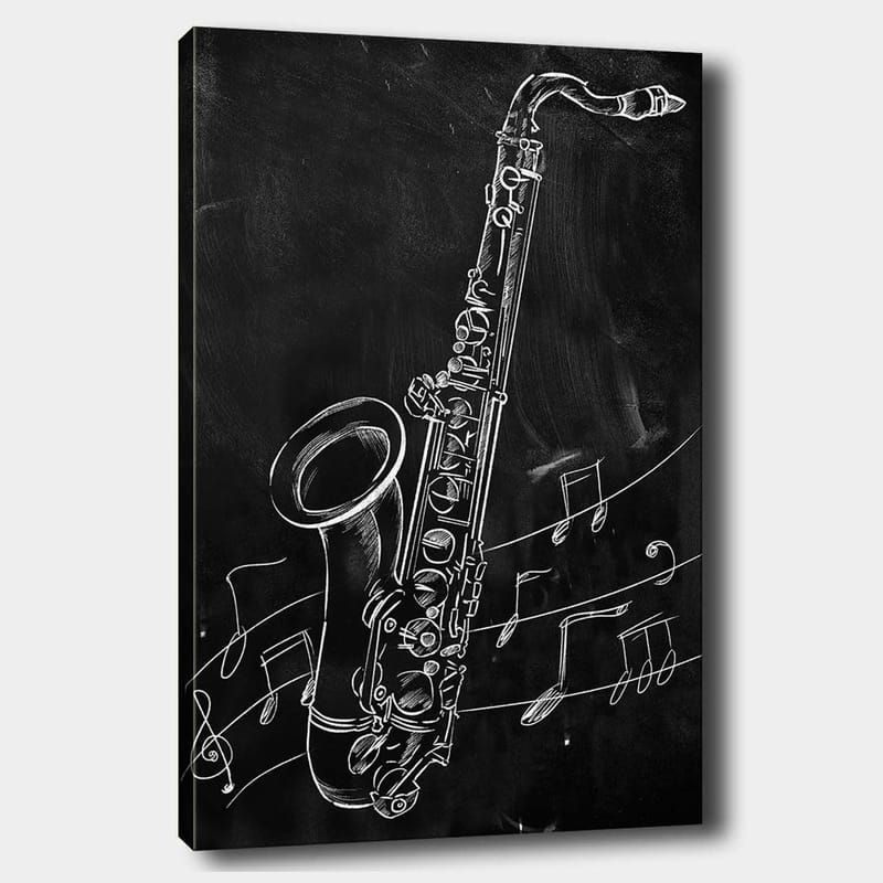 Lærred 70x100 cm - Saxofon omgivet af noder på sort baggrund, Hvid / Sort