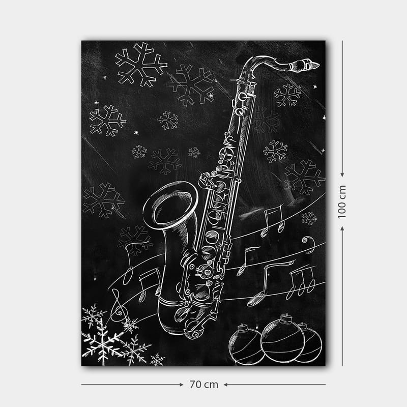 Lærred 70x100 cm - Saxofon omgivet af snefnug og musikalske noder i en vinterlig atmosfære - Hvid / Sort / Grå - Boligtilbehør - Billeder & kunst - Billeder på lærred
