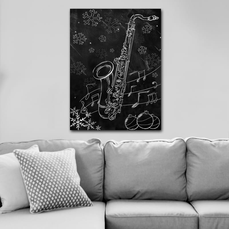 Lærred 70x100 cm - Saxofon omgivet af snefnug og musikalske noder i en vinterlig atmosfære - Hvid / Sort / Grå - Boligtilbehør - Billeder & kunst - Billeder på lærred