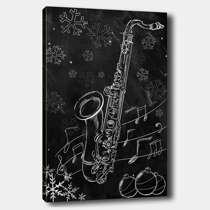 Lærred 70x100 cm - Saxofon omgivet af snefnug og musikalske noder i en vinterlig atmosfære, Hvid / Sort / Grå