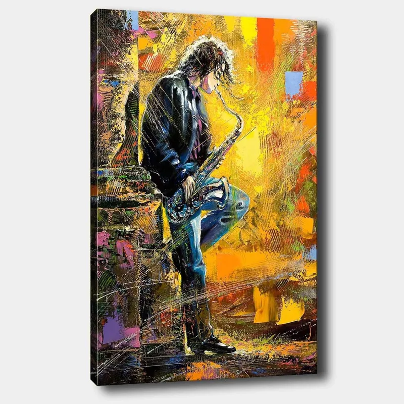 Lærred 70x100 cm - Saxofonist spiller med passion i et farverigt miljø, Gul / Blå / Sort