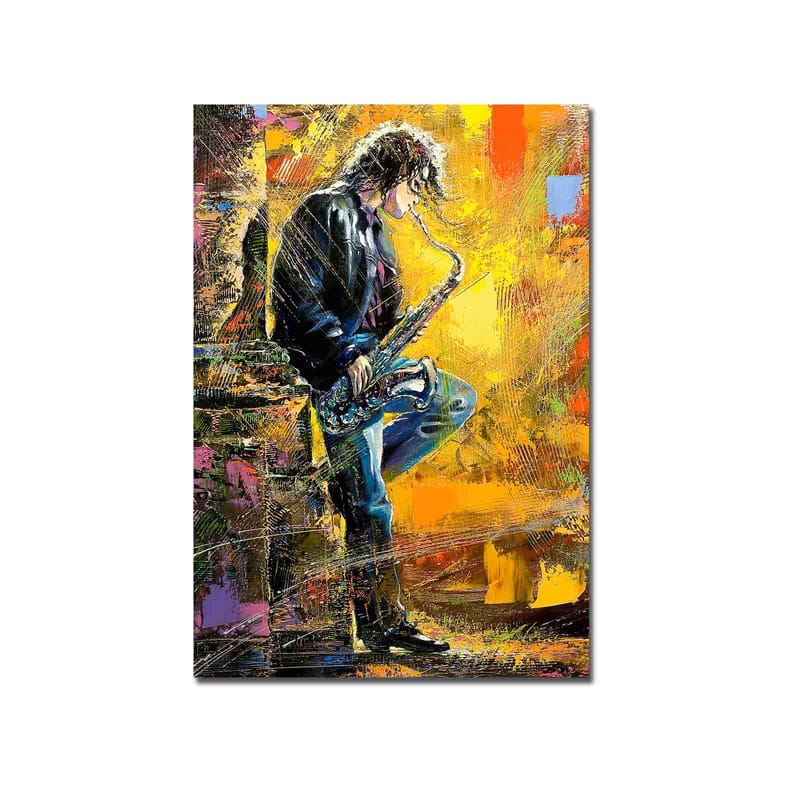 Lærred 70x100 cm - Saxofonist spiller med passion i et farverigt miljø - Gul / Blå / Sort - Boligtilbeh ør - Billeder & kunst - Billeder på lærred