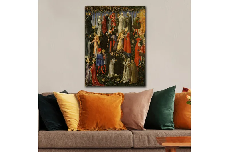 Lærred 70x100 cm - Scene med flere personer i middelaldertøj, der interagerer i en have - Rød / Hvid / Sort - Boligtilbehør - Billeder & kunst - Billeder på lærred