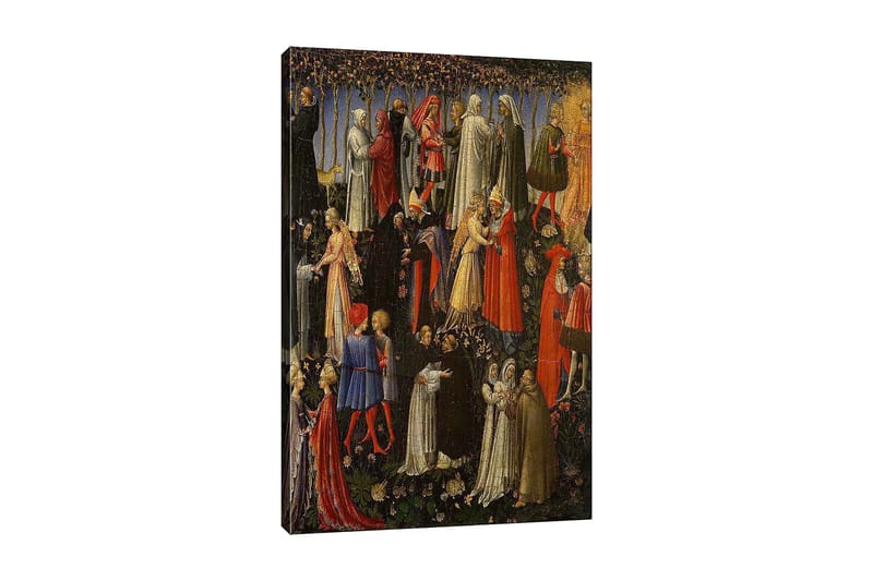 Lærred 70x100 cm - Scene med flere personer i middelaldertøj, der interagerer i en have, Rød / Hvid / Sort