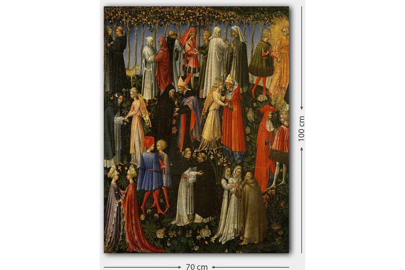 Lærred 70x100 cm - Scene med flere personer i middelaldertøj, der interagerer i en have - Rød / Hvid / Sort - Boligtilbehør - Billeder & kunst - Billeder på lærred