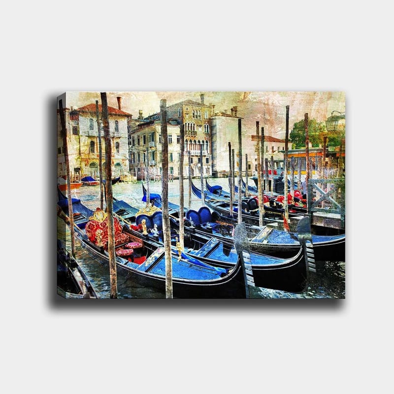 Lærred 70x100 cm - Scene med gondoler i en venetiansk kanal, omgivet af historiske bygninger, Blå / Rød / Sort