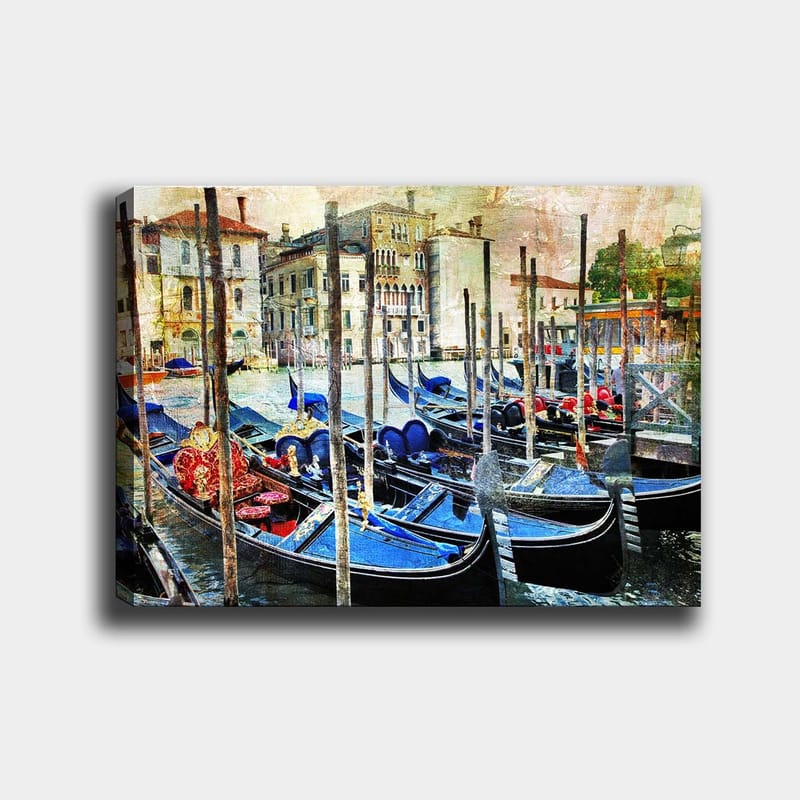 Lærred 70x100 cm - Scene med gondoler i en venetiansk kanal, omgivet af historiske bygninger, Blå / Rød / Sort