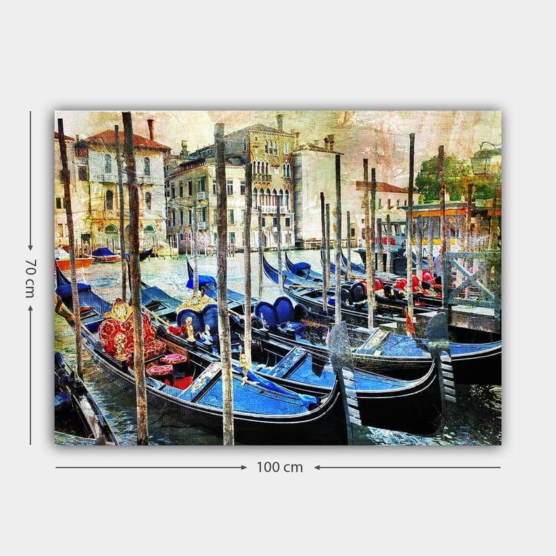 Lærred 70x100 cm - Scene med gondoler i en venetiansk kanal, omgivet af historiske bygninger - Blå / Rød / Sort - Boligtilbehør - Billeder & kunst - Billeder på lærred