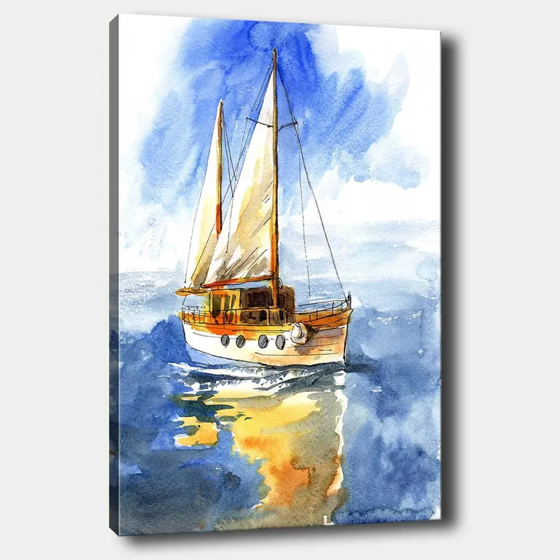 Lærred 70x100 cm - Sejlbåd glider hen over det glitrende vand under en klar himmel, Blå / Hvid / Beige