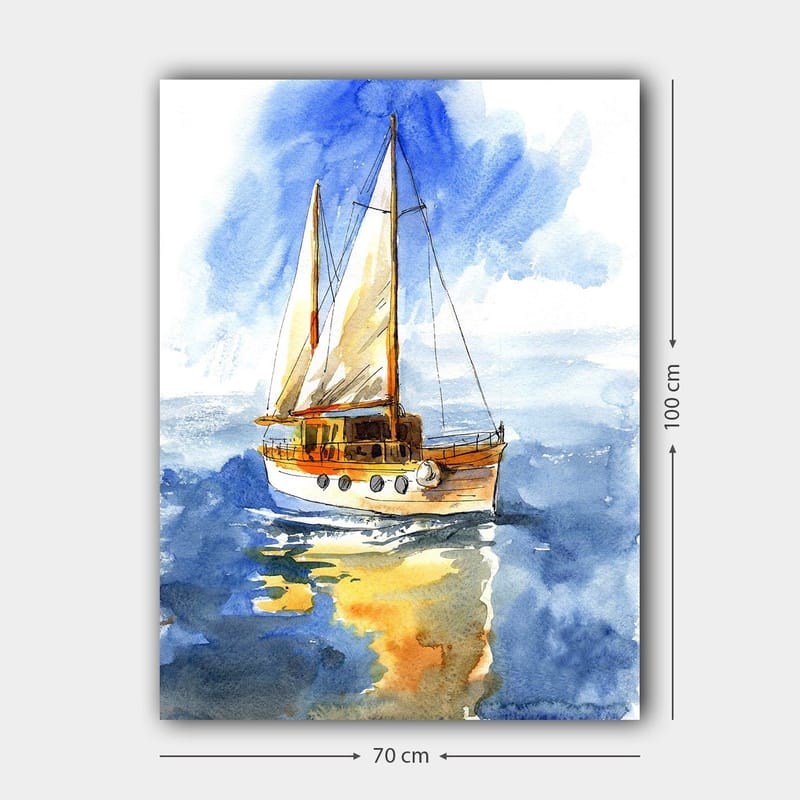 Lærred 70x100 cm - Sejlbåd glider hen over det glitrende vand under en klar himmel - Blå / Hvid / Beige - Boligtilbehør - Billeder & kunst - Billeder på lærred