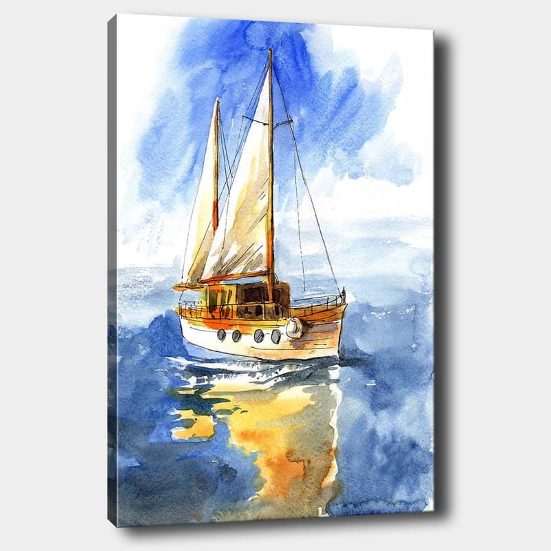 Lærred 70x100 cm - Sejlbåd glider hen over det glitrende vand under en klar himmel, Blå / Hvid / Beige