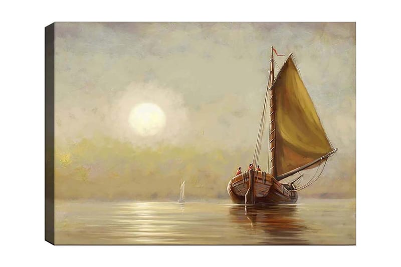 Lærred 70x100 cm - Sejlbåd med brune detaljer og et stort gult sejl i en rolig sø under en blød solopgang, Gul / Brun / Beige