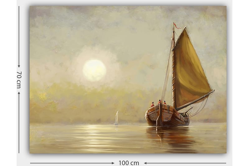 Lærred 70x100 cm - Sejlbåd med brune detaljer og et stort gult sejl i en rolig sø under en blød solopgang - Gul / Brun / Beige - Boligtilbehør - Billeder & kunst - Billeder på lærred