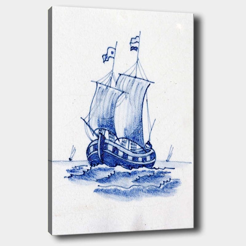 Lærred 70x100 cm - Sejlbåd med hvide sejl, der navigerer på havet, Blå / Hvid