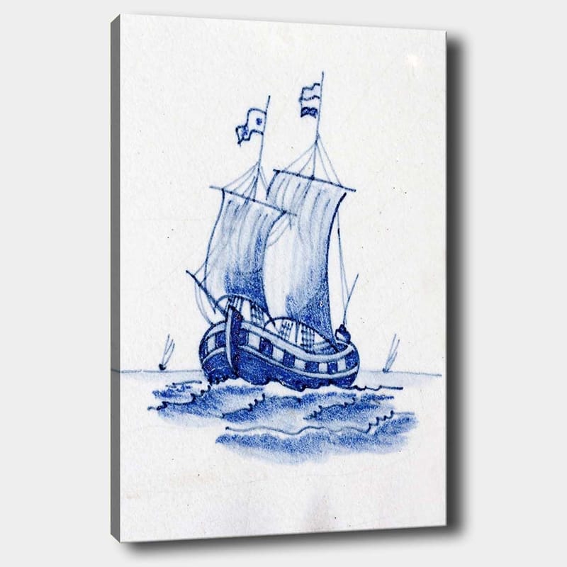 Lærred 70x100 cm - Sejlbåd med hvide sejl, der navigerer på havet, Blå / Hvid