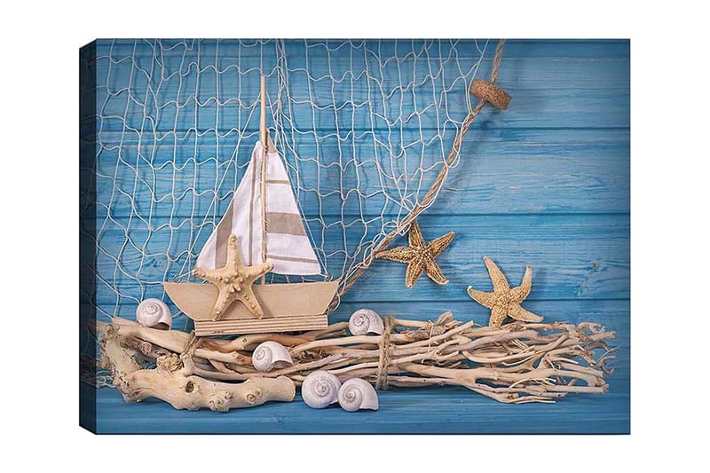 Lærred 70x100 cm - Sejlbåd med stjerneformede søstjerner og skaller på en træbase, mod en blå baggrund, Blå / Beige / Hvid