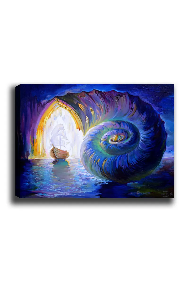 Lærred 70x100 cm - Sejlbåd navigerer gennem en stor skal, der åbner sig mod en lysere verden, Blå / Grøn / Lilla