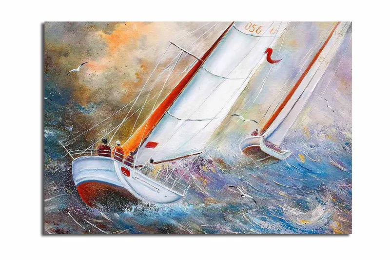 Lærred 70x100 cm - Sejlbåde der navigerer gennem stormfulde vande, Blå / Hvid / Orange