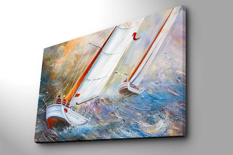 Lærred 70x100 cm - Sejlbåde der navigerer gennem stormfulde vande - Blå / Hvid / Orange - Boligtilbehør - Billeder & kunst - Billeder på lærred