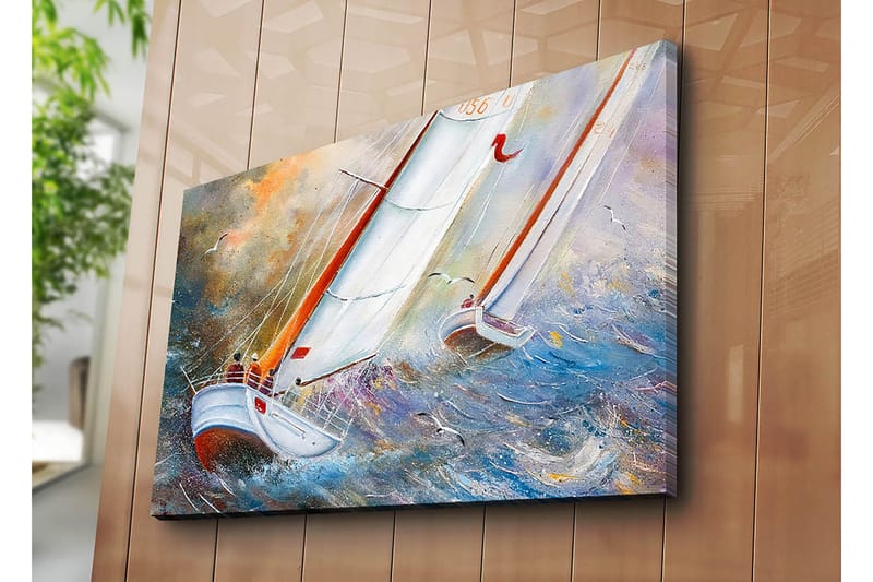Lærred 70x100 cm - Sejlbåde der navigerer gennem stormfulde vande - Blå / Hvid / Orange - Boligtilbehør - Billeder & kunst - Billeder på lærred