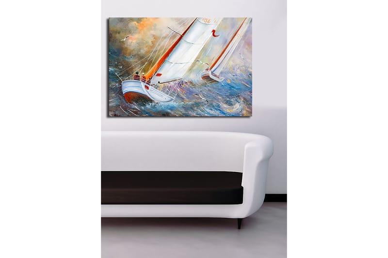 Lærred 70x100 cm - Sejlbåde der navigerer gennem stormfulde vande - Blå / Hvid / Orange - Boligtilbehør - Billeder & kunst - Billeder på lærred