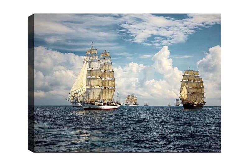 Lærred 70x100 cm - Sejlbåde der navigerer på åbent hav under en klar himmel, Blå / Hvid / Beige