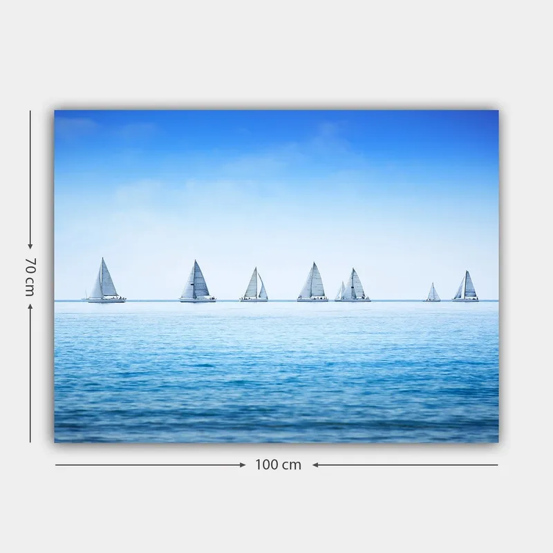 Lærred 70x100 cm - Sejlbåde glider hen over en rolig sø under en klar blå himmel - Blå / Hvid - Boligtilbehør - Billeder & kunst - Billeder på lærred
