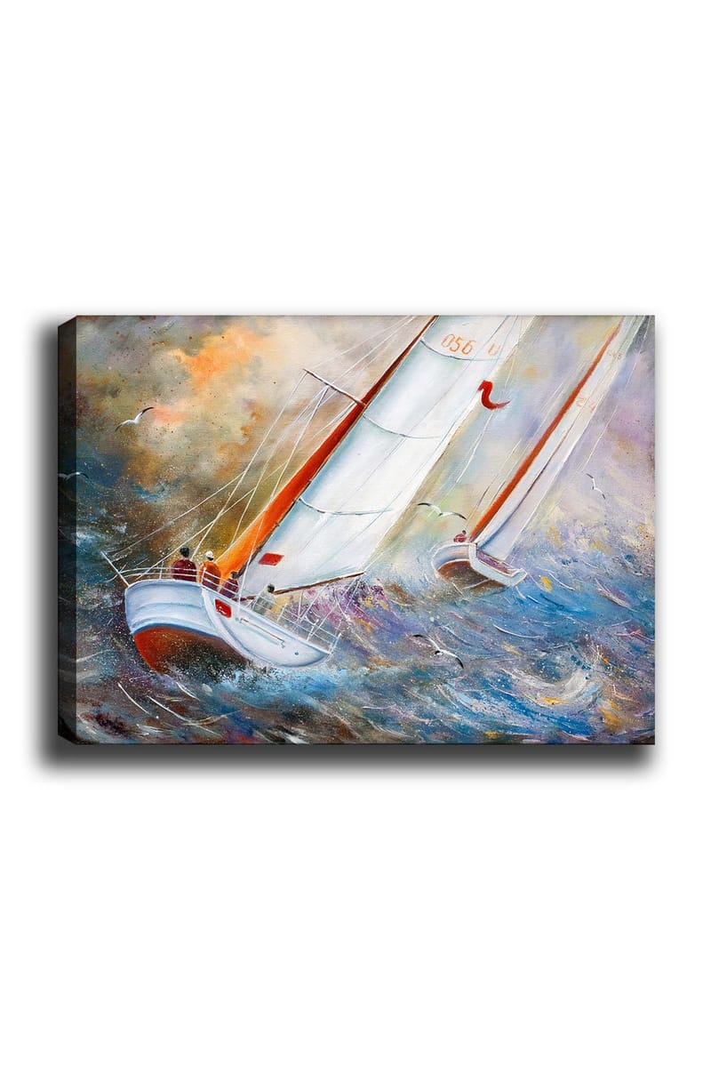 Lærred 70x100 cm - Sejlbåde navigerer gennem kraftige bølger i et dramatisk havmiljø, Hvid / Orange / Blå