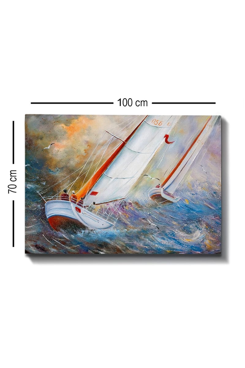 Lærred 70x100 cm - Sejlbåde navigerer gennem kraftige bølger i et dramatisk havmiljø - Hvid / Orange / Blå - Boligtilbehør - Billeder & kunst - Billeder på lærred