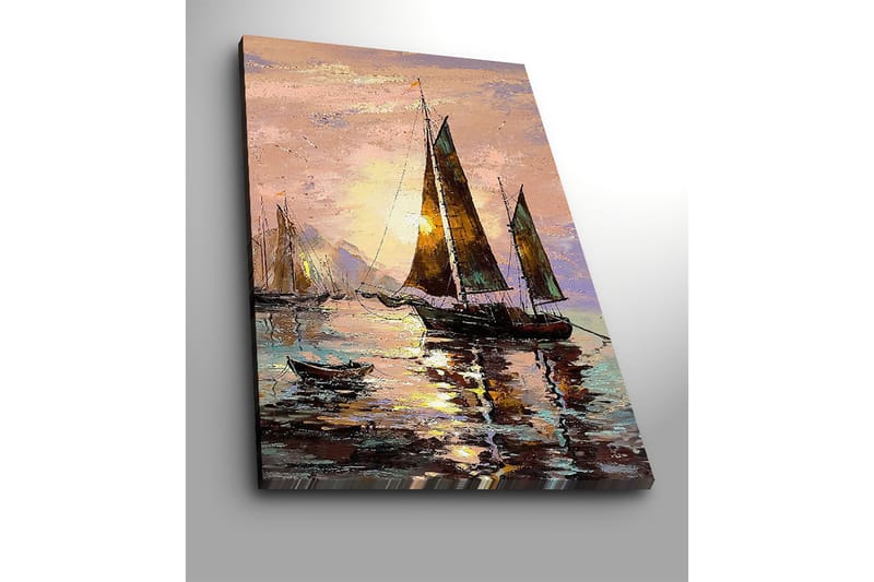 Lærred 70x100 cm - Sejlbåde ved solnedgang ved havet - Mørkebrun / Guld / Lys pink - Boligtilbehør - Billeder & kunst - Billeder på lærred
