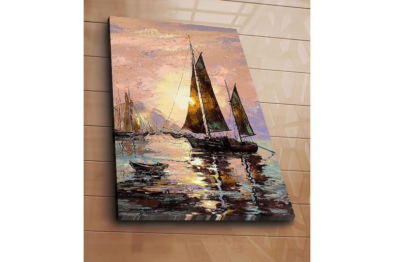 Lærred 70x100 cm - Sejlbåde ved solnedgang ved havet - Mørkebrun / Guld / Lys pink - Boligtilbehør - Billeder & kunst - Billeder på lærred