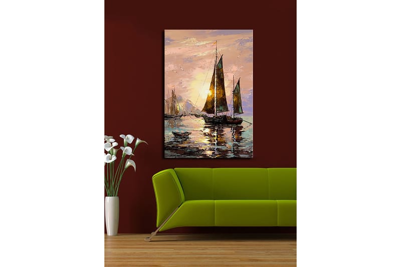Lærred 70x100 cm - Sejlbåde ved solnedgang ved havet - Mørkebrun / Guld / Lys pink - Boligtilbehør - Billeder & kunst - Billeder på lærred