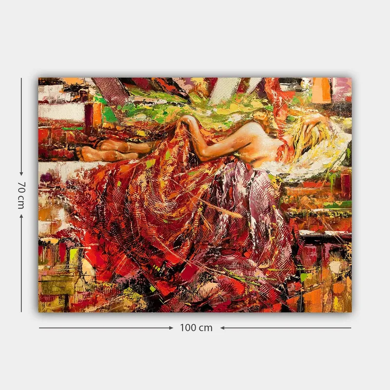 Lærred 70x100 cm - Sensuel kvinde hviler i en draperet kjole i rød og orange farve - Rød / Orange / Gul - Boligtilbehør - Billeder & kunst - Billeder på lærred