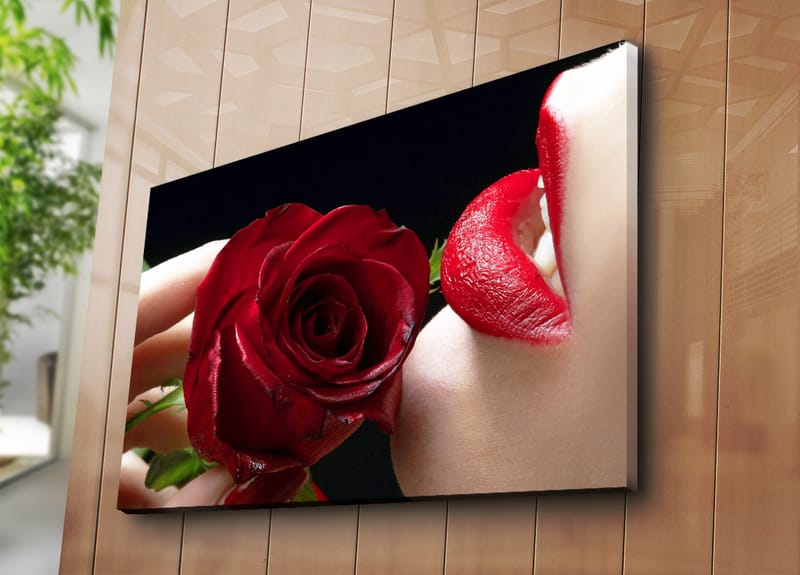Lærred 70x100 cm - Sensuel nærbillede af en rose holdt tæt på en læbe med rød læbestift - Rød / Grøn - Boligtilbehør - Billeder & kunst - Billeder på lærred