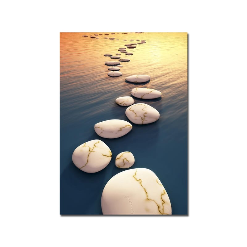 Lærred 70x100 cm - Serie af hvide sten med gyldne årer, der flyder på en dybblå overflade ved solnedgang - Hvid / Blå / Guld - Boligtilbehør - Billeder & kunst - Billeder på lærred