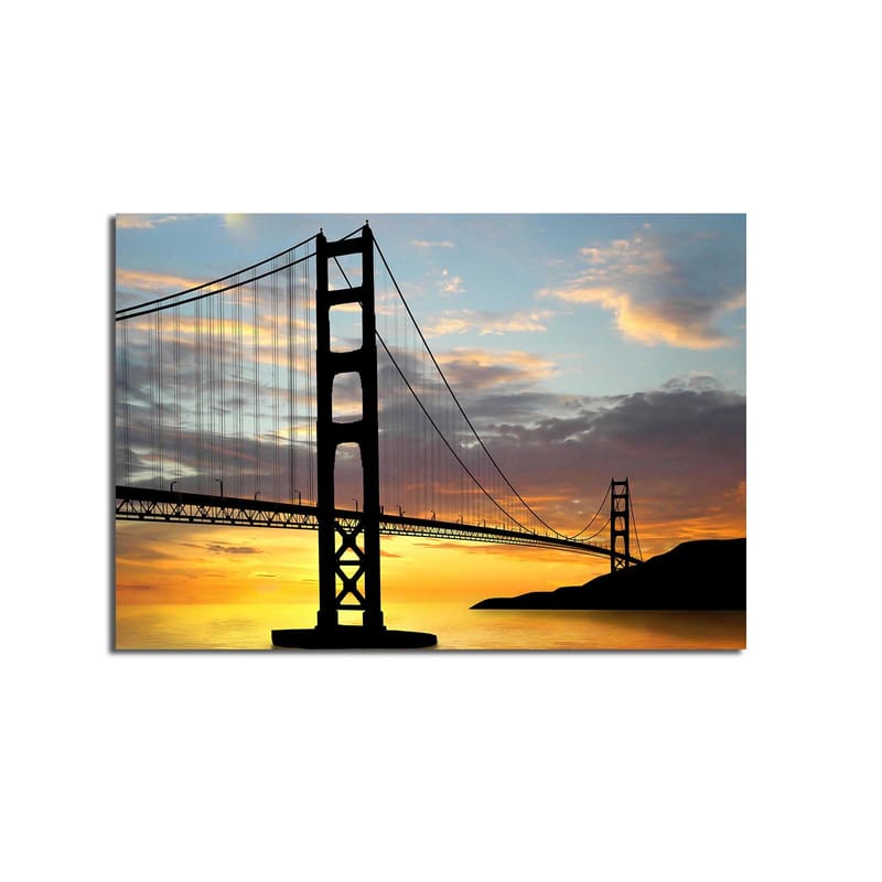 Lærred 70x100 cm - Silhuet af en bro mod en farverig solnedgang - Orange / Sort / Blå - Boligtilbehør - Billeder & kunst - Billeder på lærred