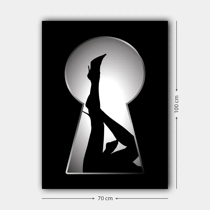 Lærred 70x100 cm - Silhuet af en kvinde i høje hæle gennem et nøglehul - Sort / Hvid - Boligtilbehør - Billeder & kunst - Billeder på lærred