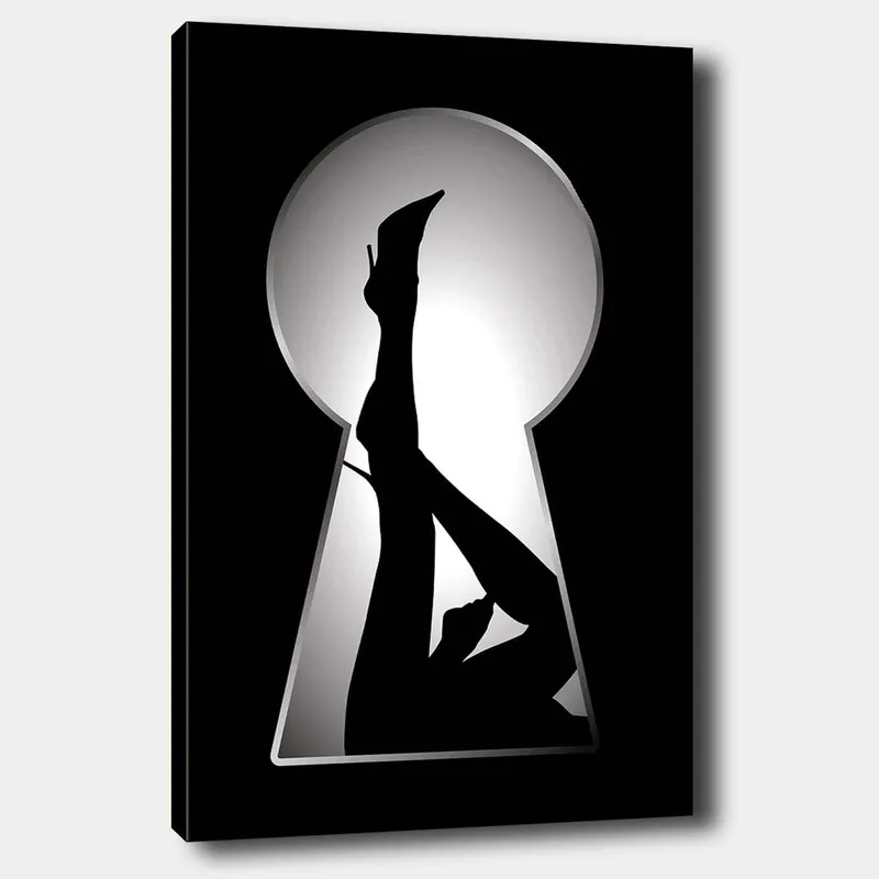 Lærred 70x100 cm - Silhuet af en kvinde i høje hæle gennem et nøglehul, Sort / Hvid