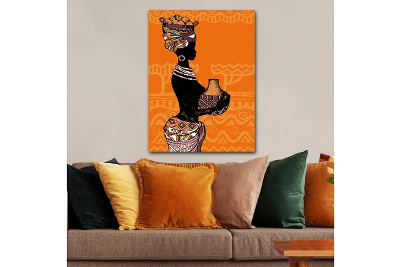 Lærred 70x100 cm - Silhuet af en kvinde med en potte og frugter på hovedet, omgivet af geometriske mønstre - Sort / Orange / Beige - Boligtilbehør - Billeder & kunst - Billeder på lærred