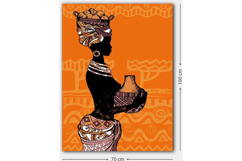Lærred 70x100 cm - Silhuet af en kvinde med en potte og frugter på hovedet, omgivet af geometriske mønstre - Sort / Orange / Beige - Boligtilbehør - Billeder & kunst - Billeder på lærred
