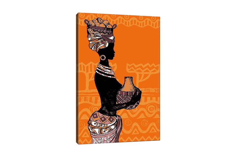 Lærred 70x100 cm - Silhuet af en kvinde med en potte og frugter på hovedet, omgivet af geometriske mønstre, Sort / Orange / Beige