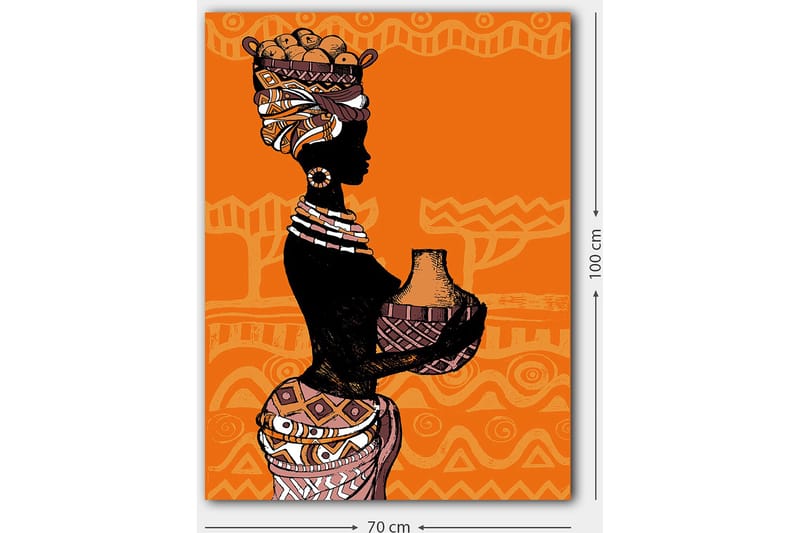 Lærred 70x100 cm - Silhuet af en kvinde med en potte og frugter på hovedet, omgivet af geometriske mønstre - Sort / Orange / Beige - Boligtilbehør - Billeder & kunst - Billeder på lærred