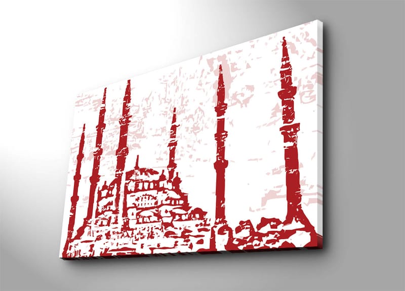 Lærred 70x100 cm - Silhuet af en moské med flere minareter i et stiliseret design, Rød / Lys pink