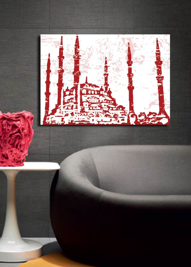 Lærred 70x100 cm - Silhuet af en moské med flere minareter i et stiliseret design - Rød / Lys pink - Boligtilbehør - Billeder & kunst - Billeder på lærred